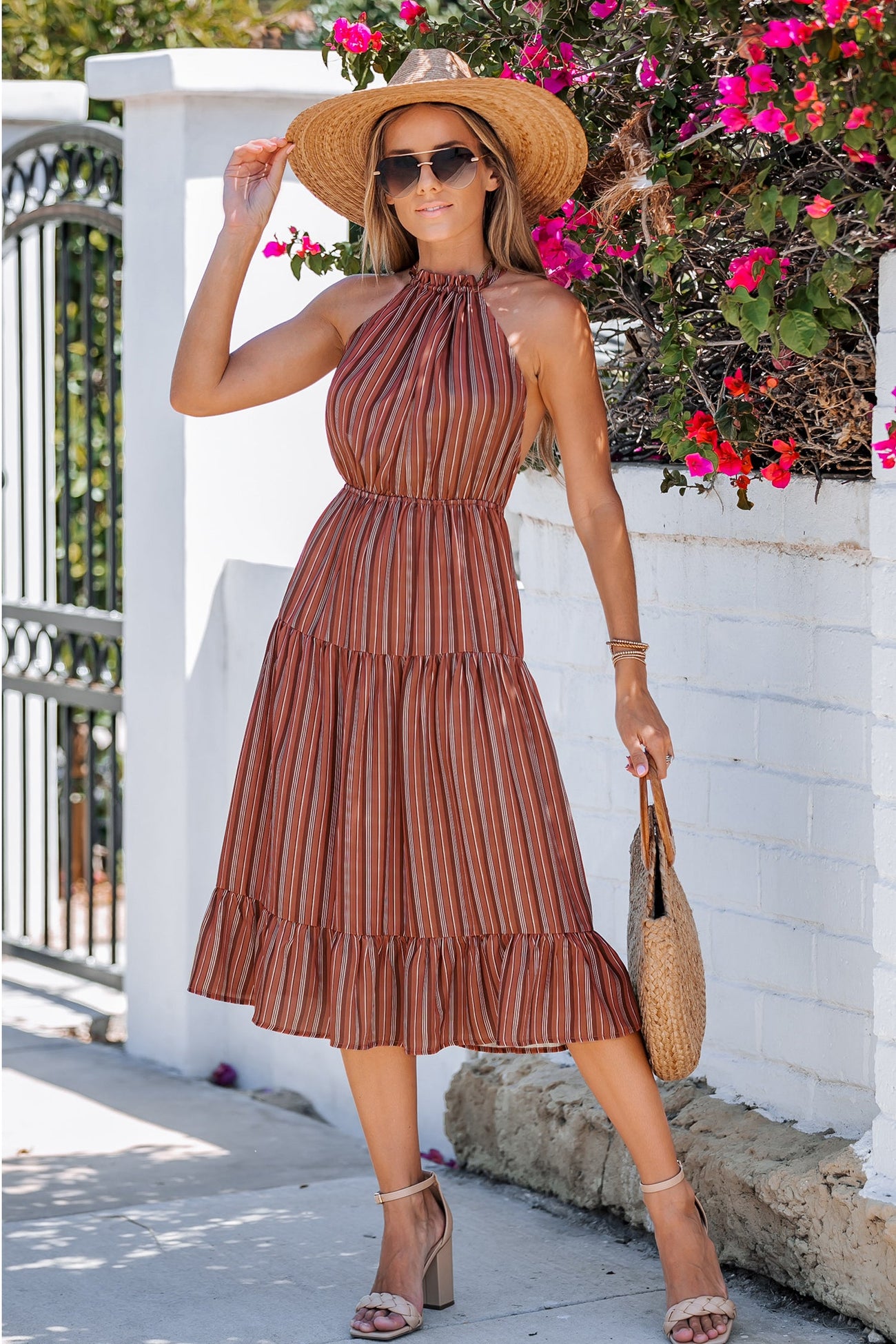 Striped Ruffled Midi Dress