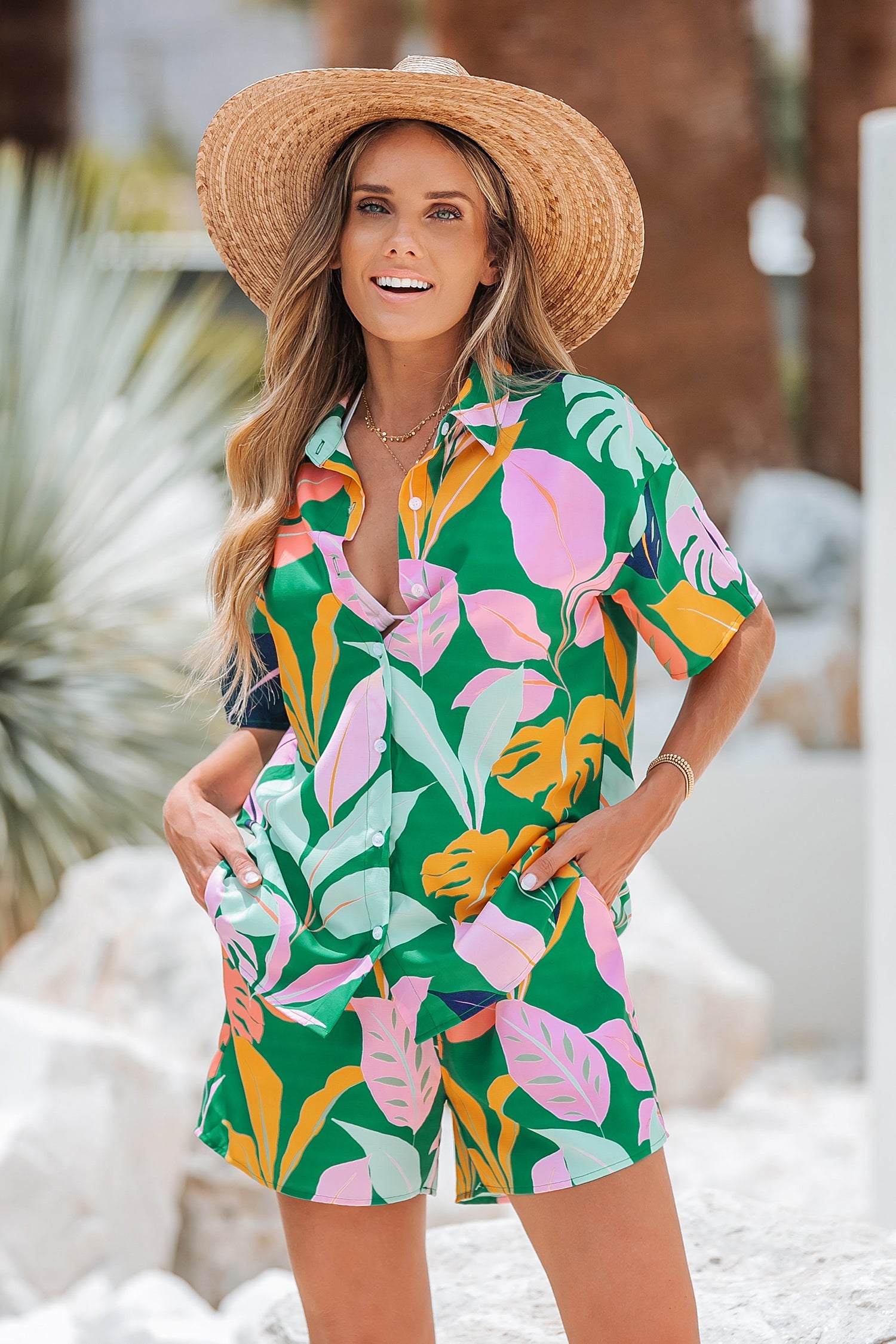 Tropical Leaf Print Drop-Sleeve Shirt