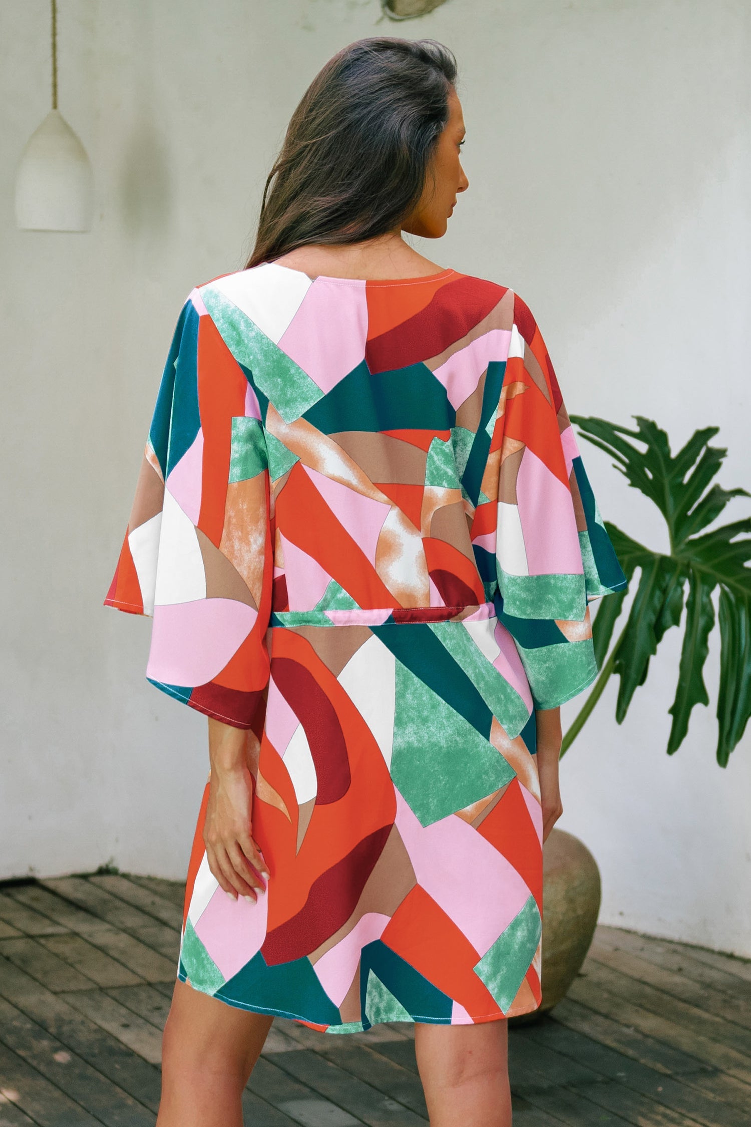 Colorful Abstract Print Tie Waist Dress