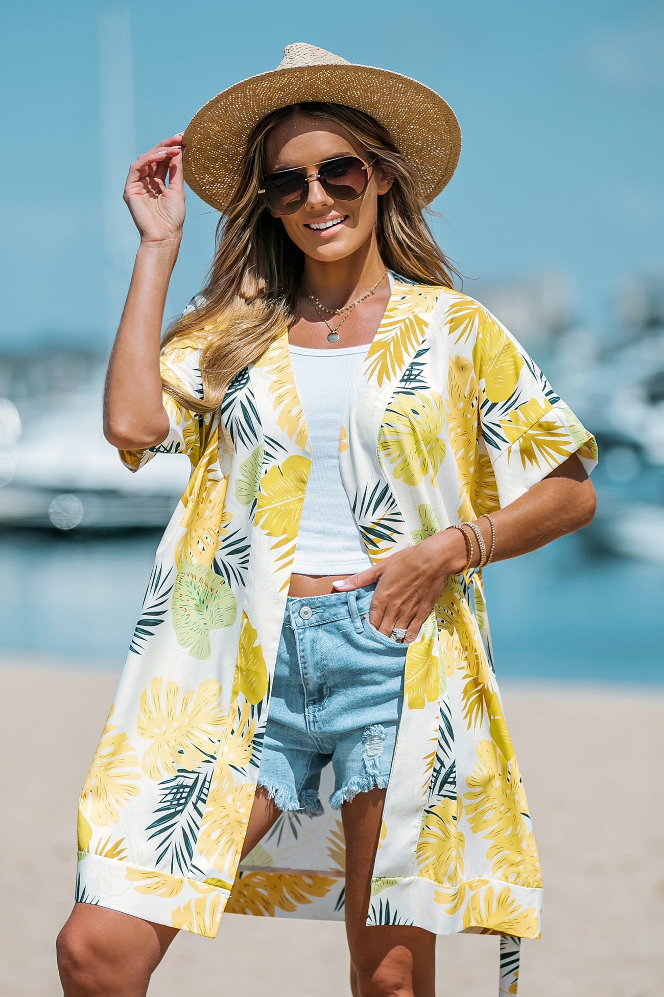 Tropical Leaf Print Belted Cover-Up Kimono