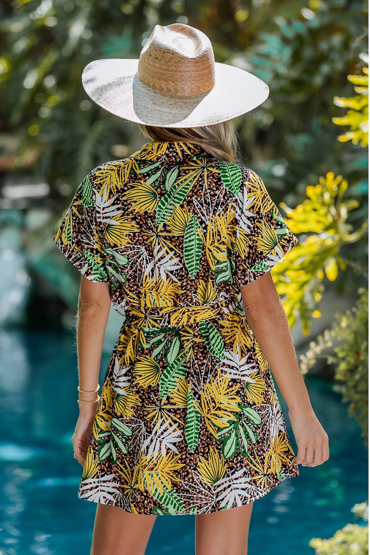 Belted Tropical Leaf Leopard Print Dress